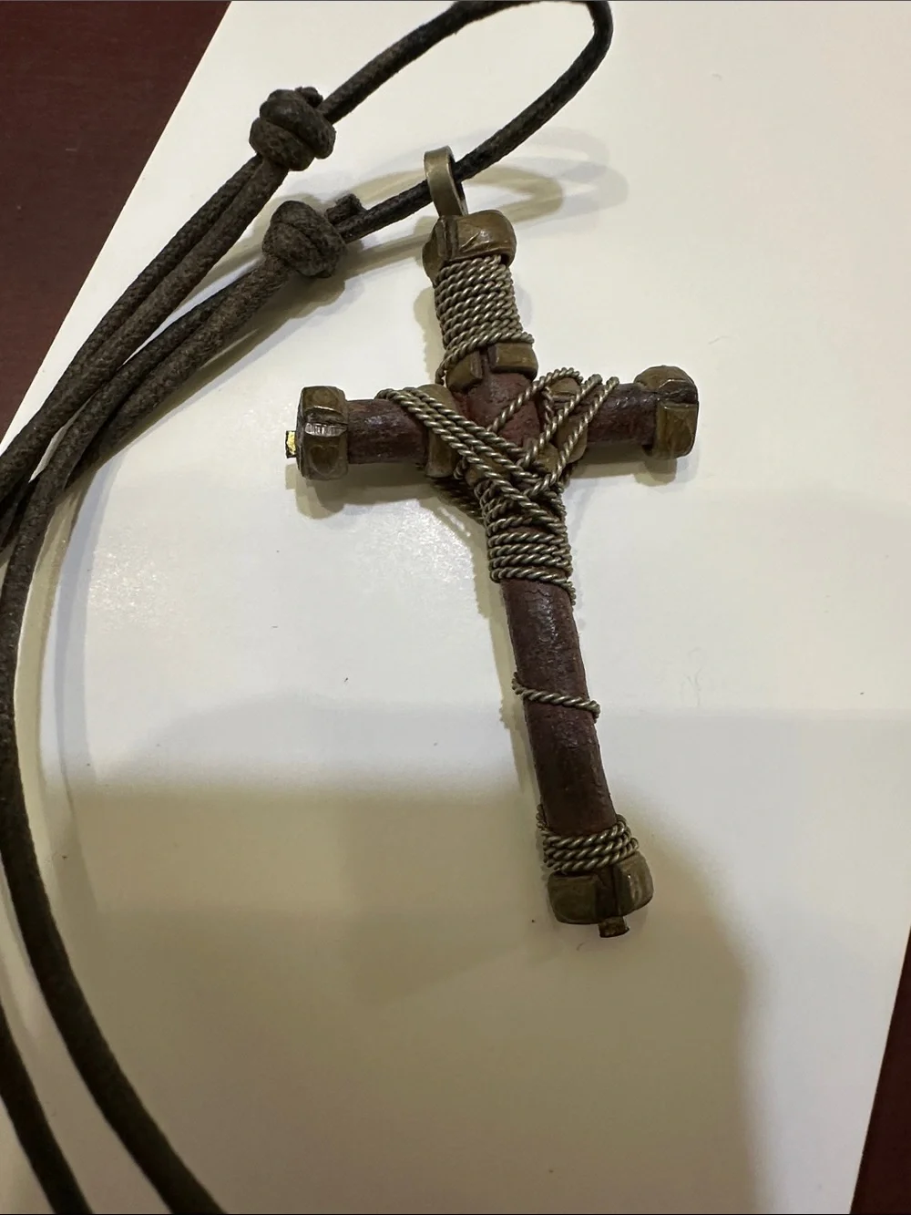 Rustic Metal Wire Wrap Cross Pendant on Adjustable Braided Cord Necklace for Men